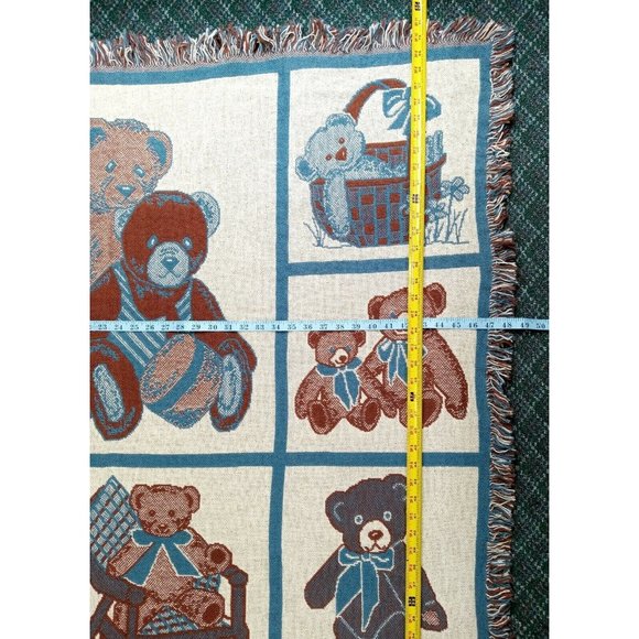 Tapestry Throw Blanket Vintage Teddy Bears Hearts MWW 1992 48" x 71" Fringe Blue - Picture 11 of 11